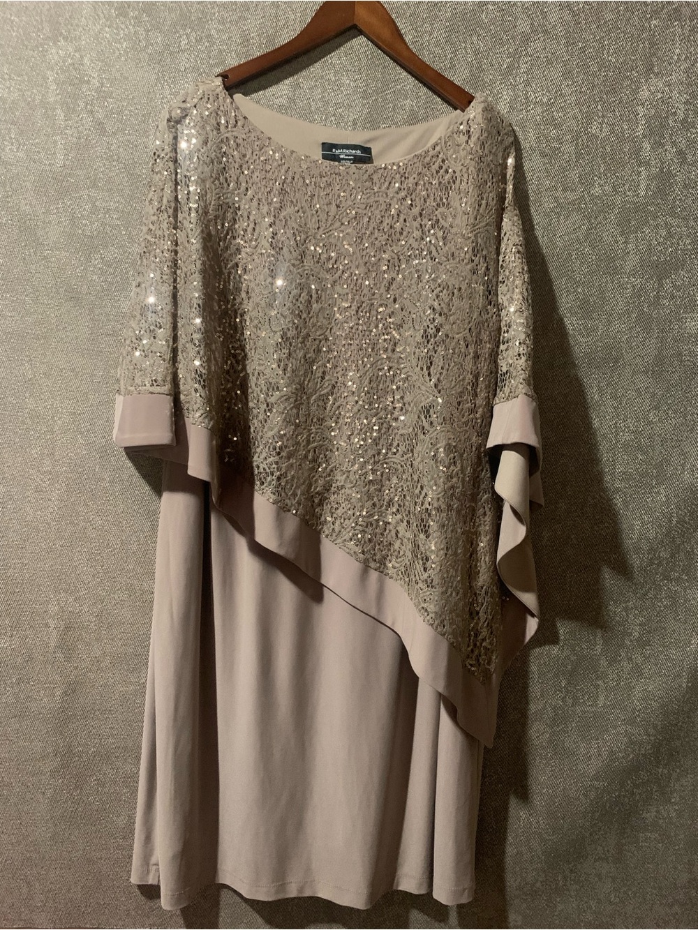 R&M Richards Taupe Sequin Asymmetrical Poncho Overlay Dress